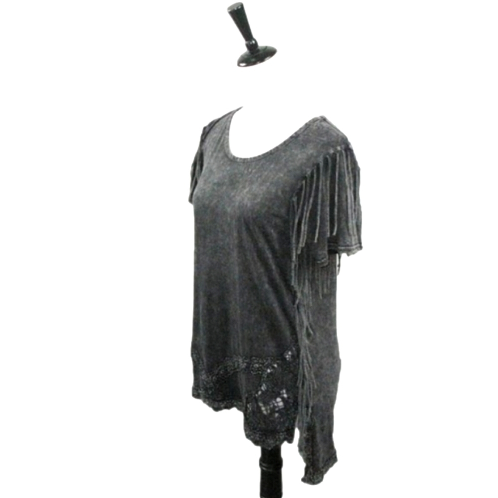 BKE Distressed Wash Fringe Detail Short Sleeve Top Size XS